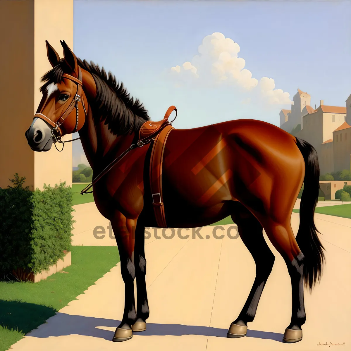 Picture of Thoroughbred horse wearing brown bridle in equestrian meadow