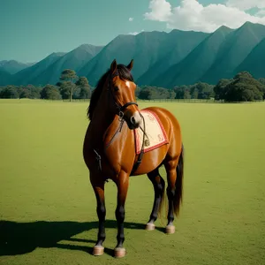 Brown Stallion Galloping in Rural Pasture