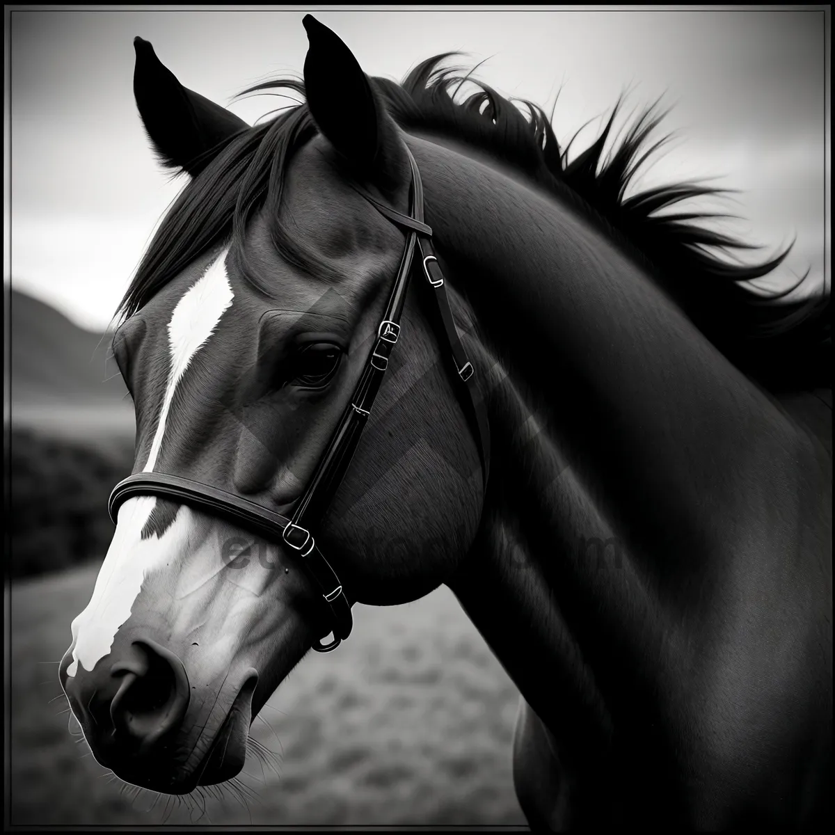 Picture of Beautiful Brown Thoroughbred Horse Portrait in Meadow