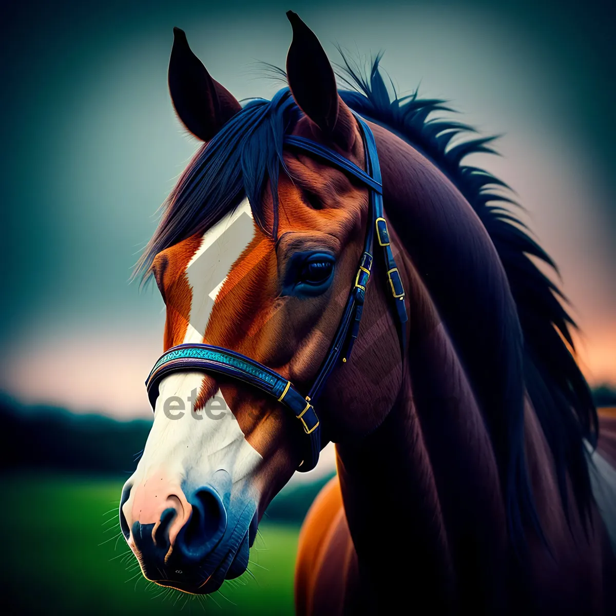 Picture of Brown Thoroughbred Stallion in Equestrian Field