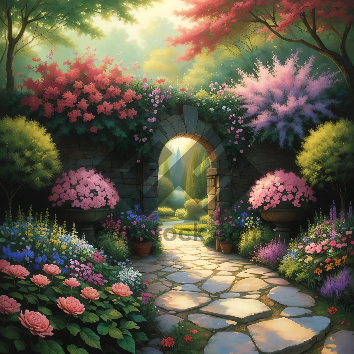 Picture of Garden blossoms outside a lush green building.