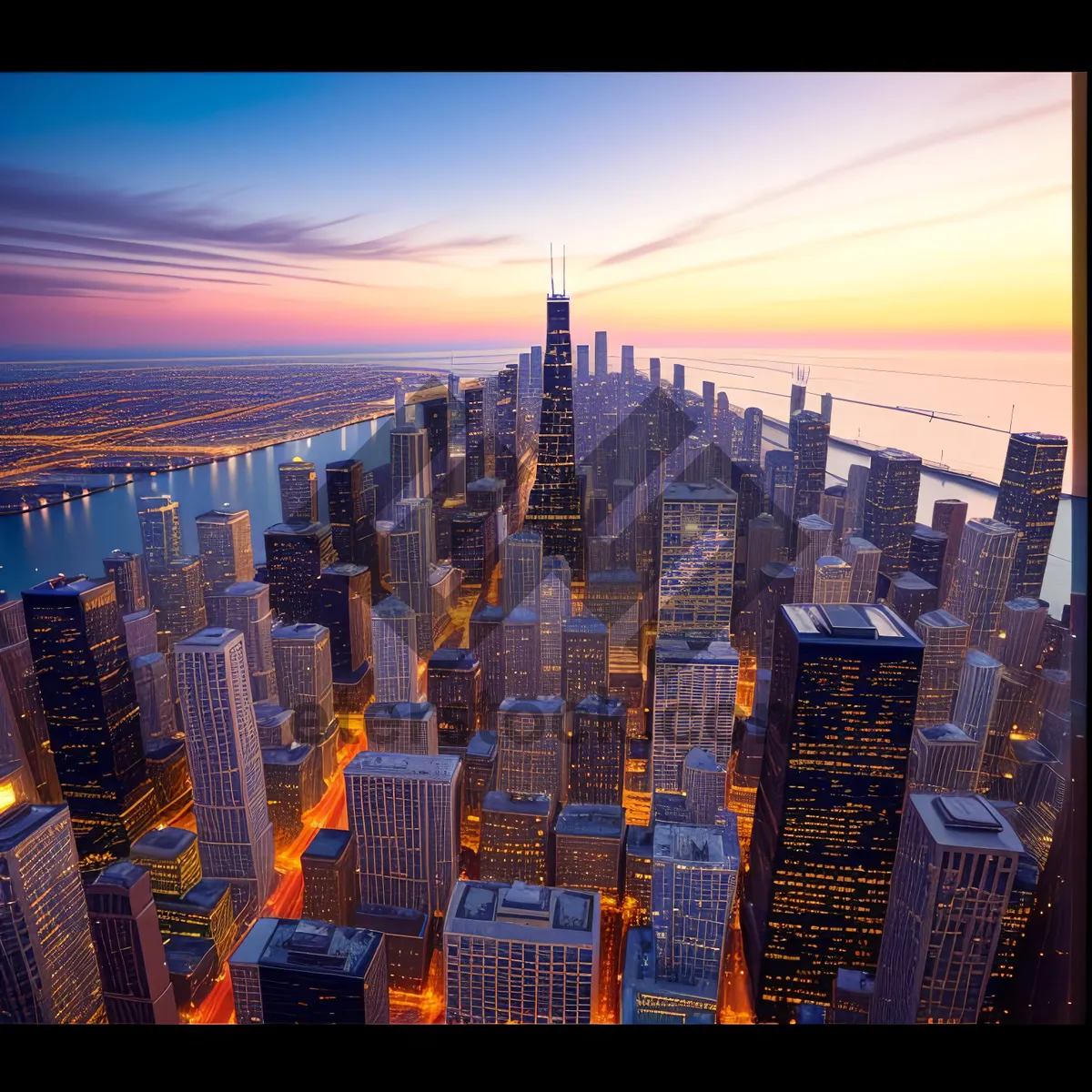 Picture of Dazzling Night Skyline Over City River