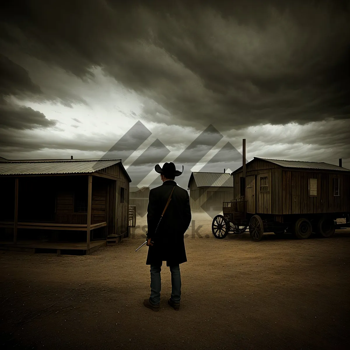 Picture of Sunset Silhouette of Yurt Home with People