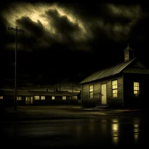 Riverside Boathouse at Night: Reflective Shelter in Serene Landscape