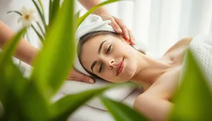 Attractive lady smiling on bamboo bed spa.