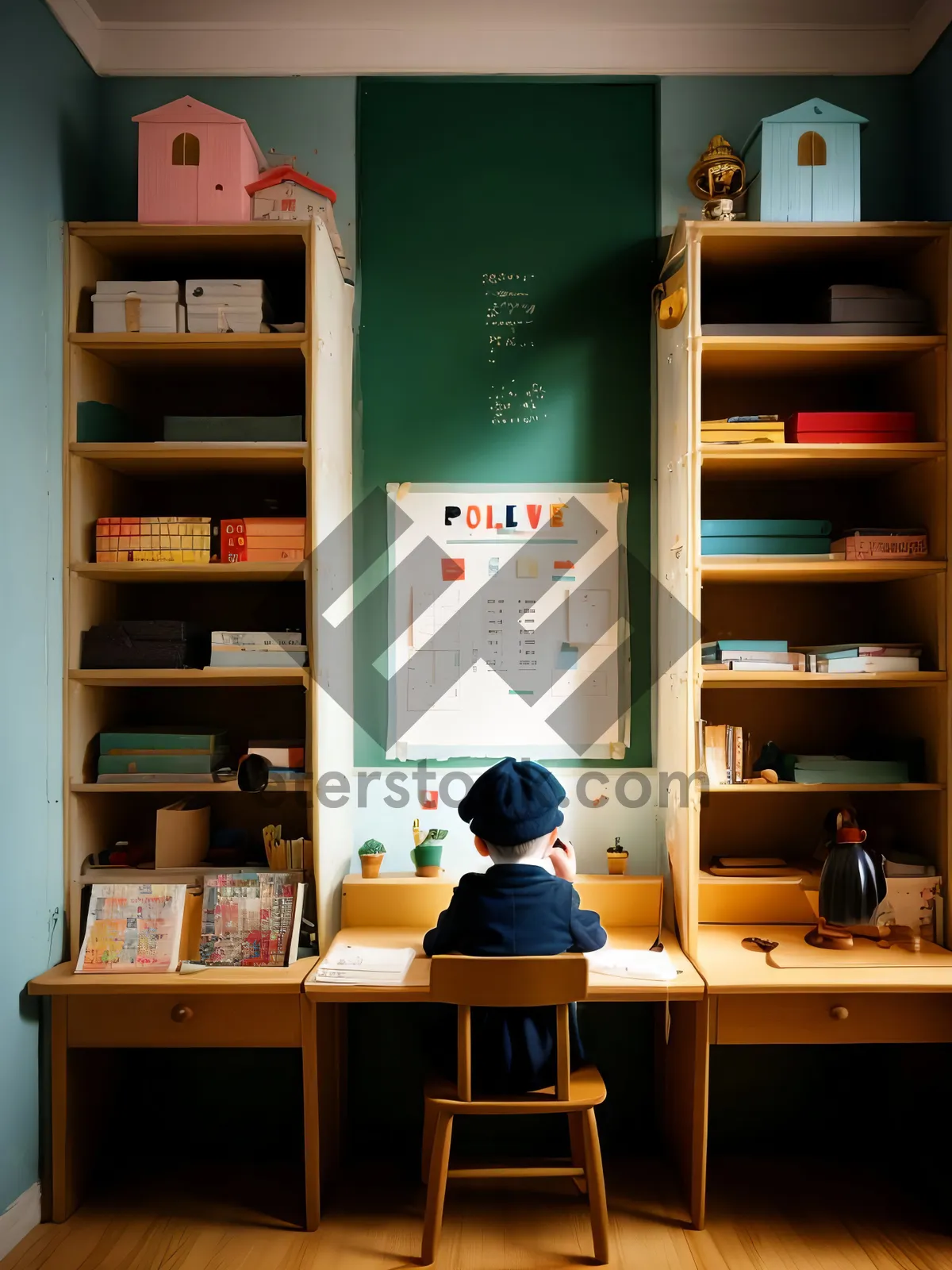 Picture of Modern Office Desk with Books on Bookcase