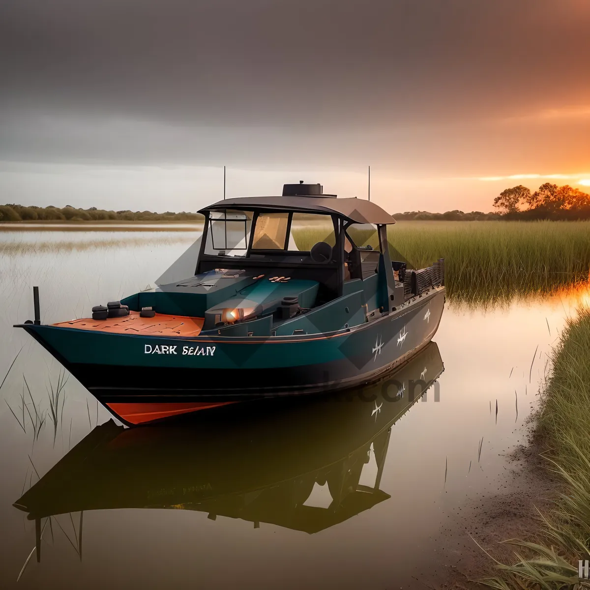 Picture of Seascape Sunrise at Port: Serene Waters and Fishing Boats