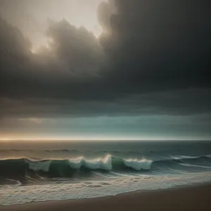 Serene Sunset over Sandy Beach and Turquoise Waves
