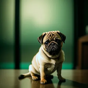 Adorable wrinkled pug puppy posing cutely.