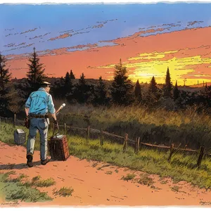 Golden Harvest: Farmer Plowing Meadow Amidst Spectacular Mountain Landscape