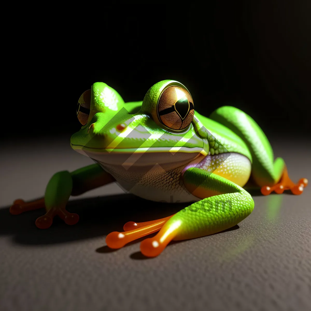 Picture of Vibrant Eyed Tree Frog Eating Orange Fruit