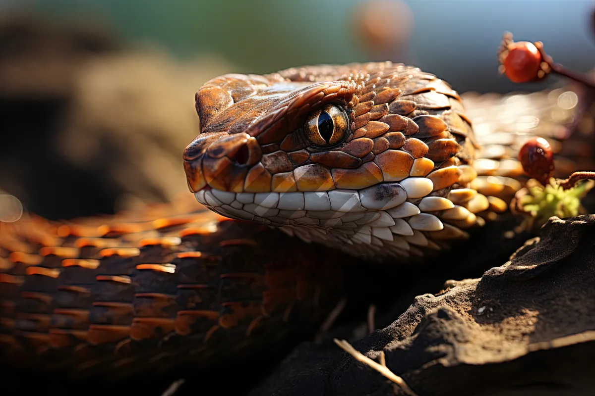 Picture of Venomous serpent in wildlife at night.