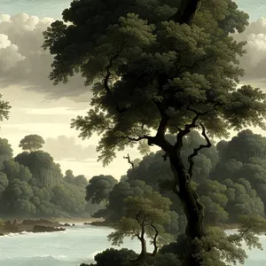 Serene Pine Tree Landscape by the Water