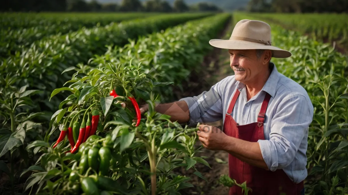 Picture of Happy man in summer hat gardening in field.