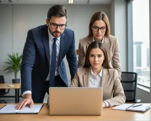 Corporate team working together in modern office space.