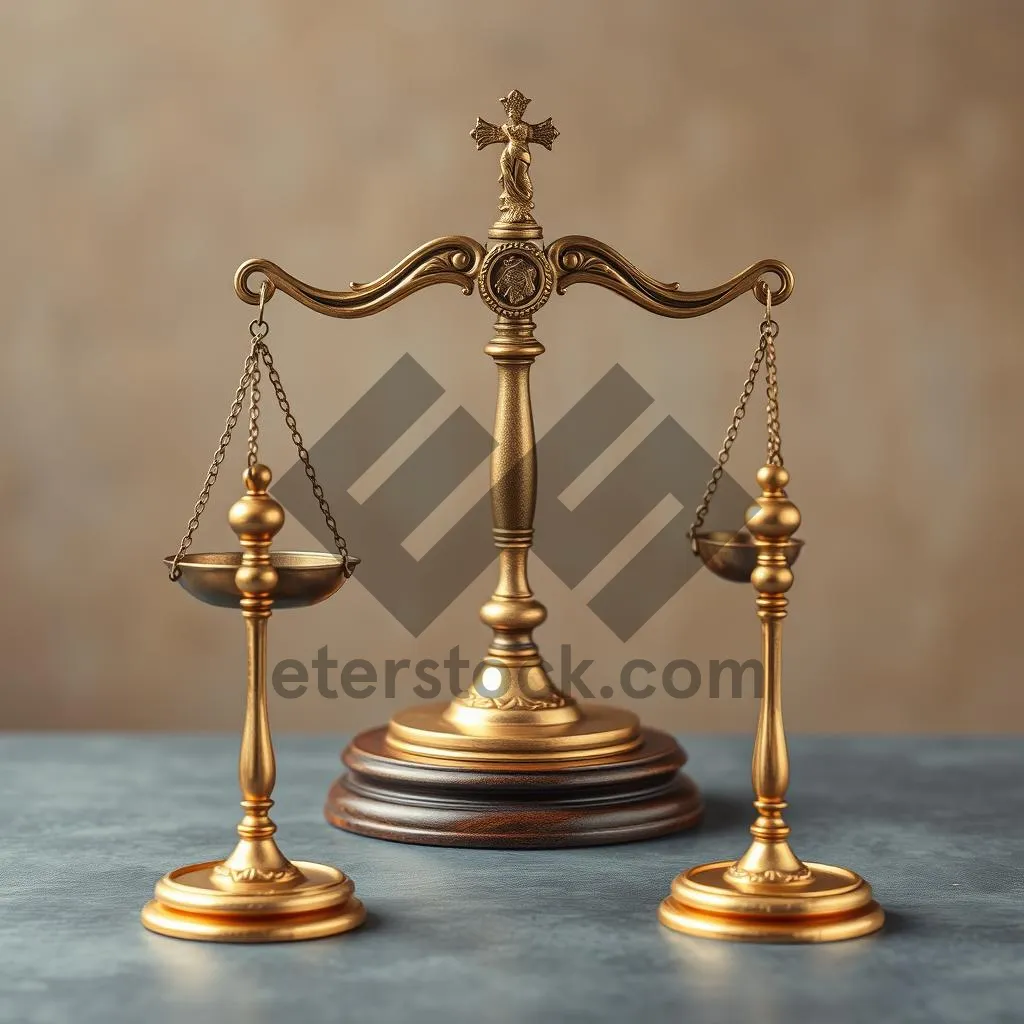 Picture of Gold candlestick holder with baron scale weighing spike sports equipment.