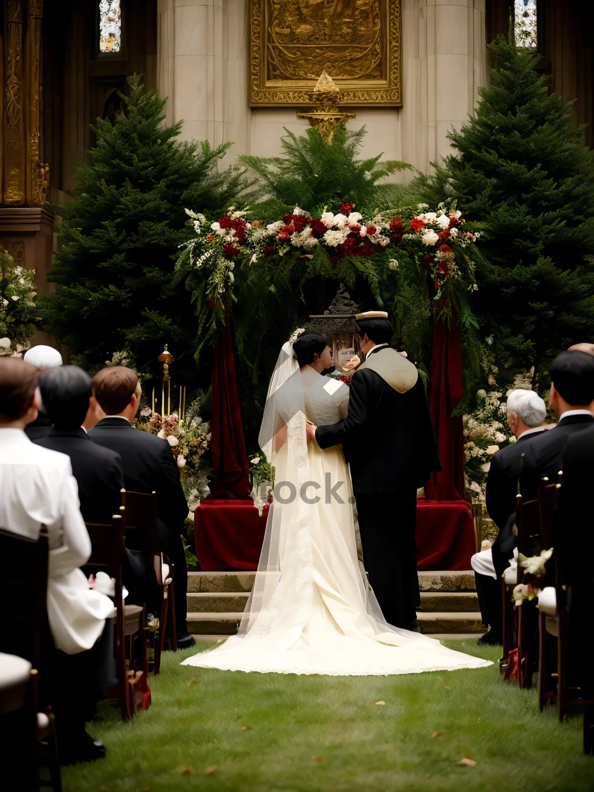 Picture of Smiling Couple Celebrating Wedding Day in Park