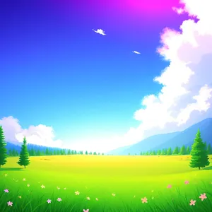 Vibrant countryside meadow with clear skies.