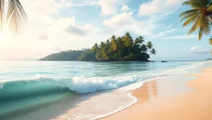 Tropical paradise beach with palm trees and waves