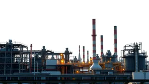 Industrial harbor with tugboat and drilling platform.