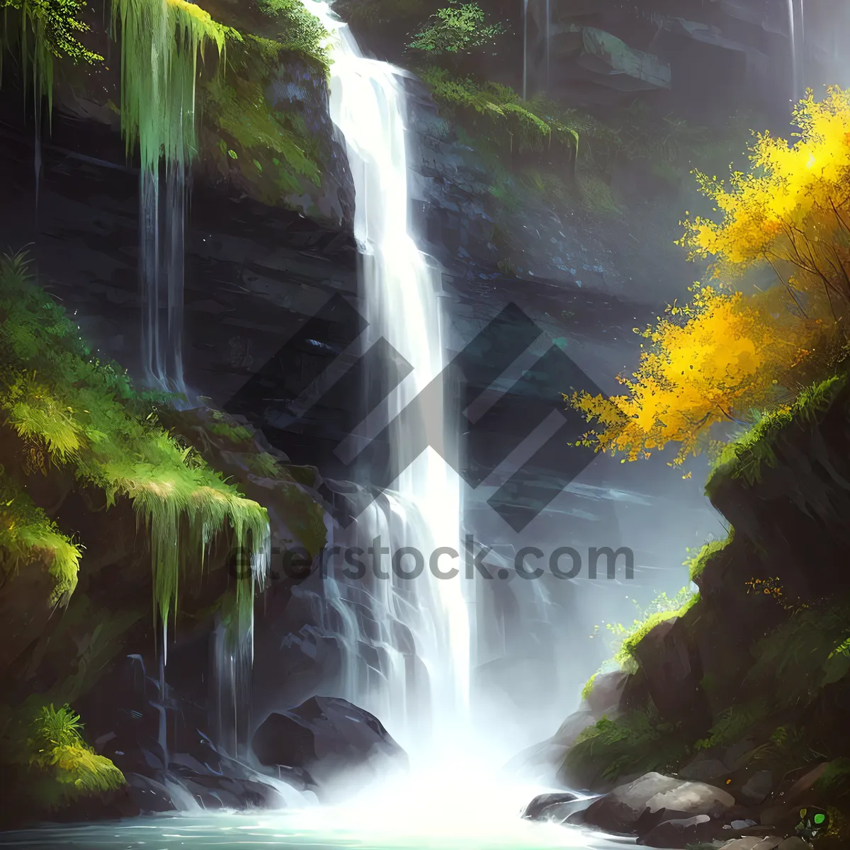 Picture of Serene Waterfall Flowing Through Lush Forest