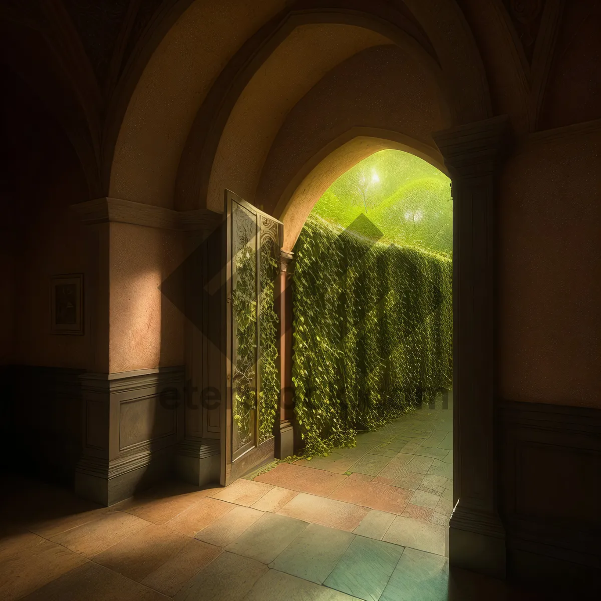 Picture of Ancient Architectural Anteroom: Time-worn Stone Basement with Historic Arched Windows and Religious Cell Door