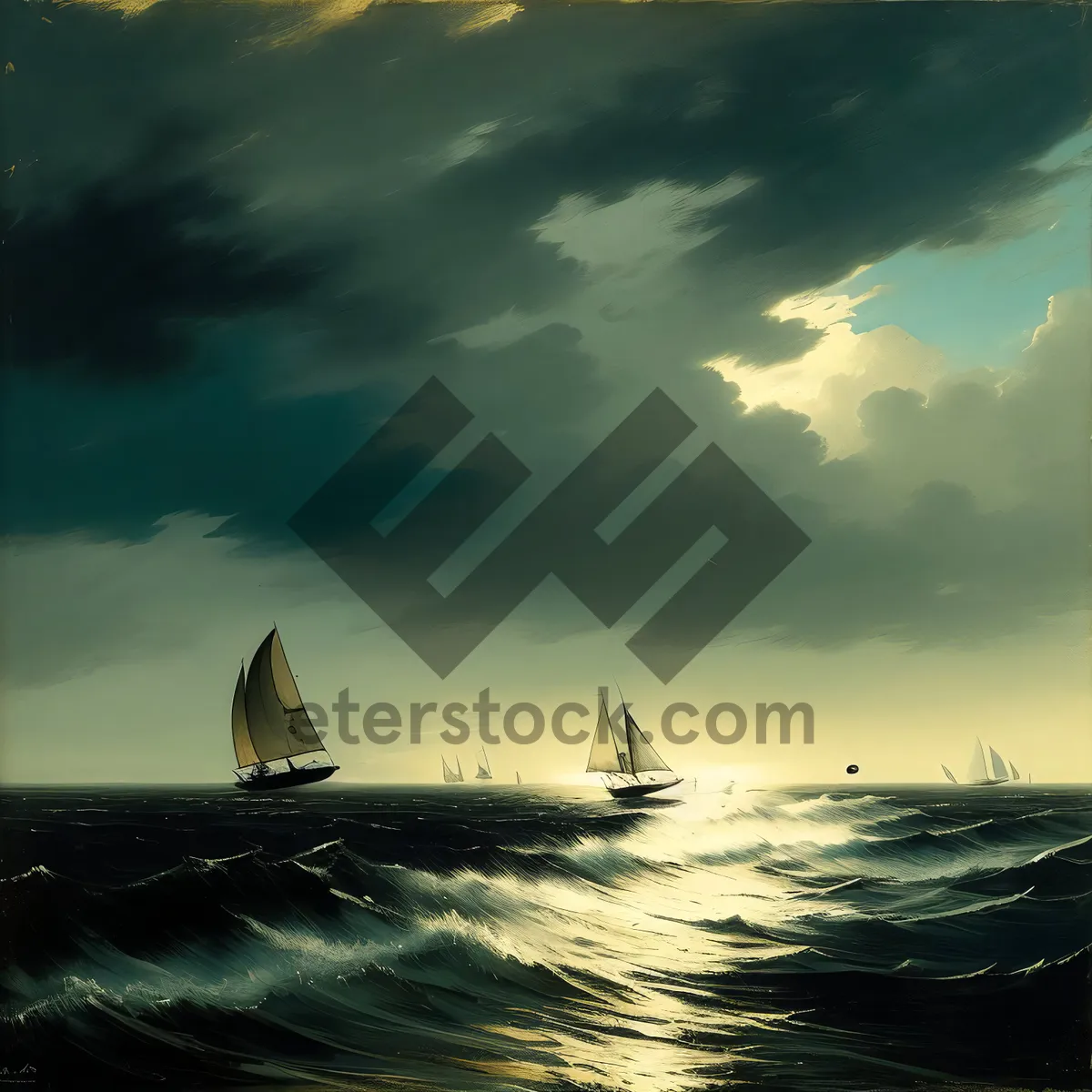 Picture of Silhouette of a Fisherman on a Sailing Ship at Sunset.