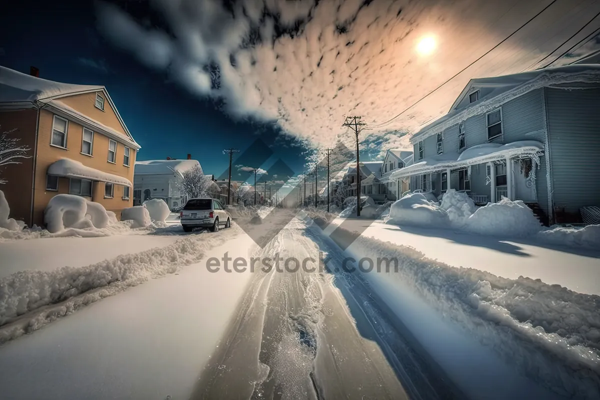 Picture of Winter cityscape with snow-covered roads and vehicles.