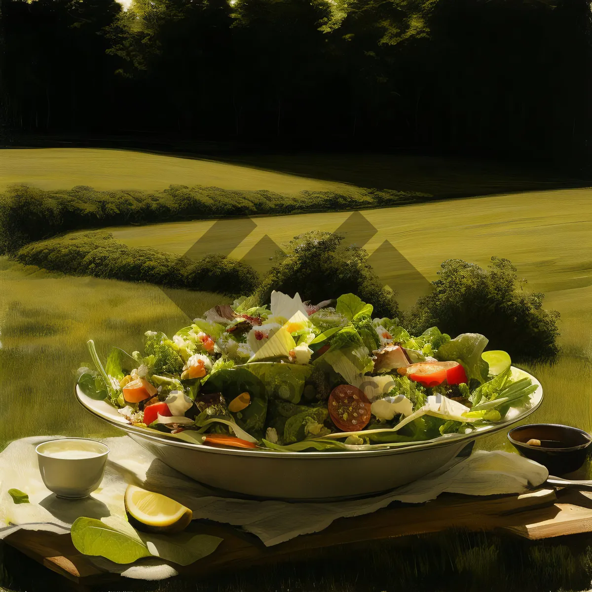 Picture of Delicious gourmet salad with fresh vegetables and herbs.