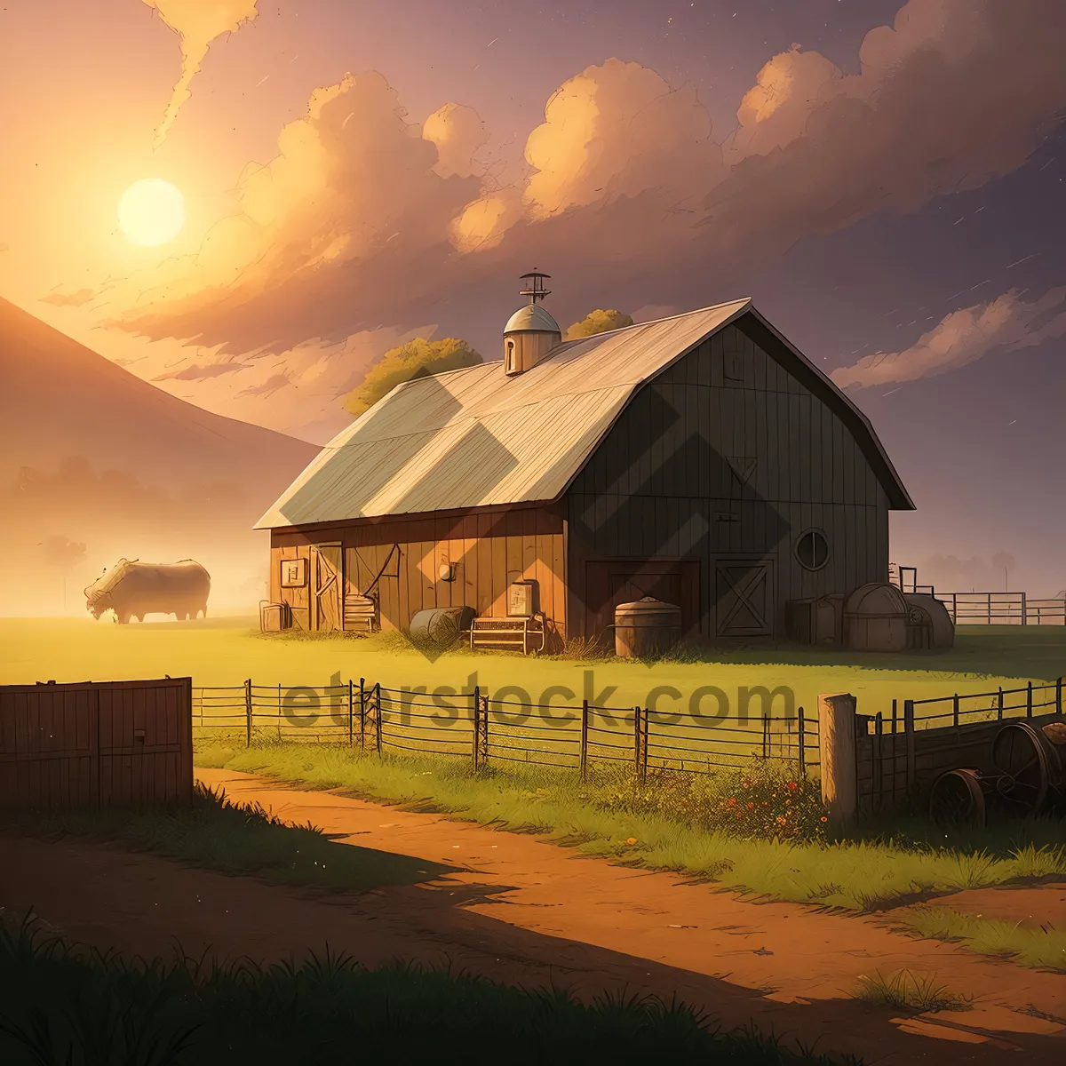 Picture of Rustic Farm Barn with Serene Countryside Landscape