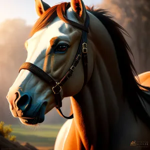 Thoroughbred Stallion in Equestrian Bridle, Mask, and Attire