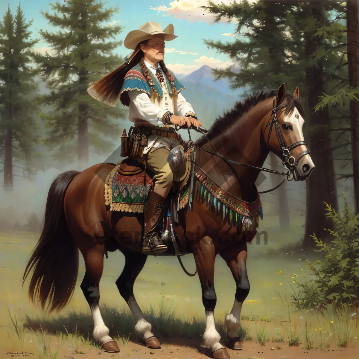 Picture of Equestrian cowboy riding thoroughbred horse in rural field