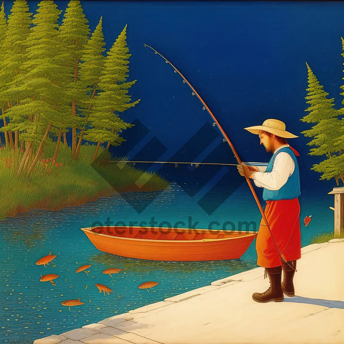 Picture of Sun-kissed Fisherman with Paddle, Spear, and Ocean