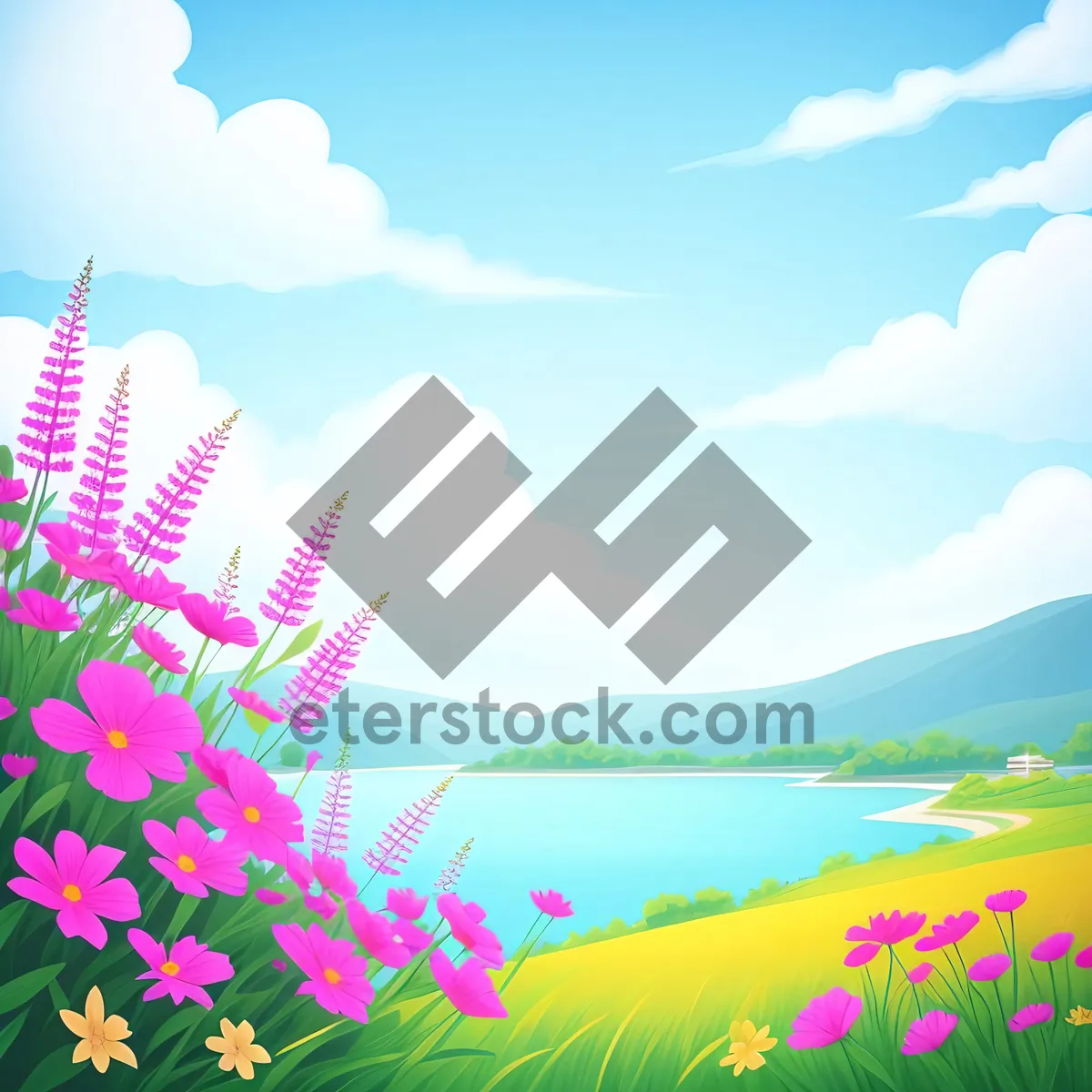 Picture of Vibrant Nature: Sunlit Landscape with Blossoming Tree