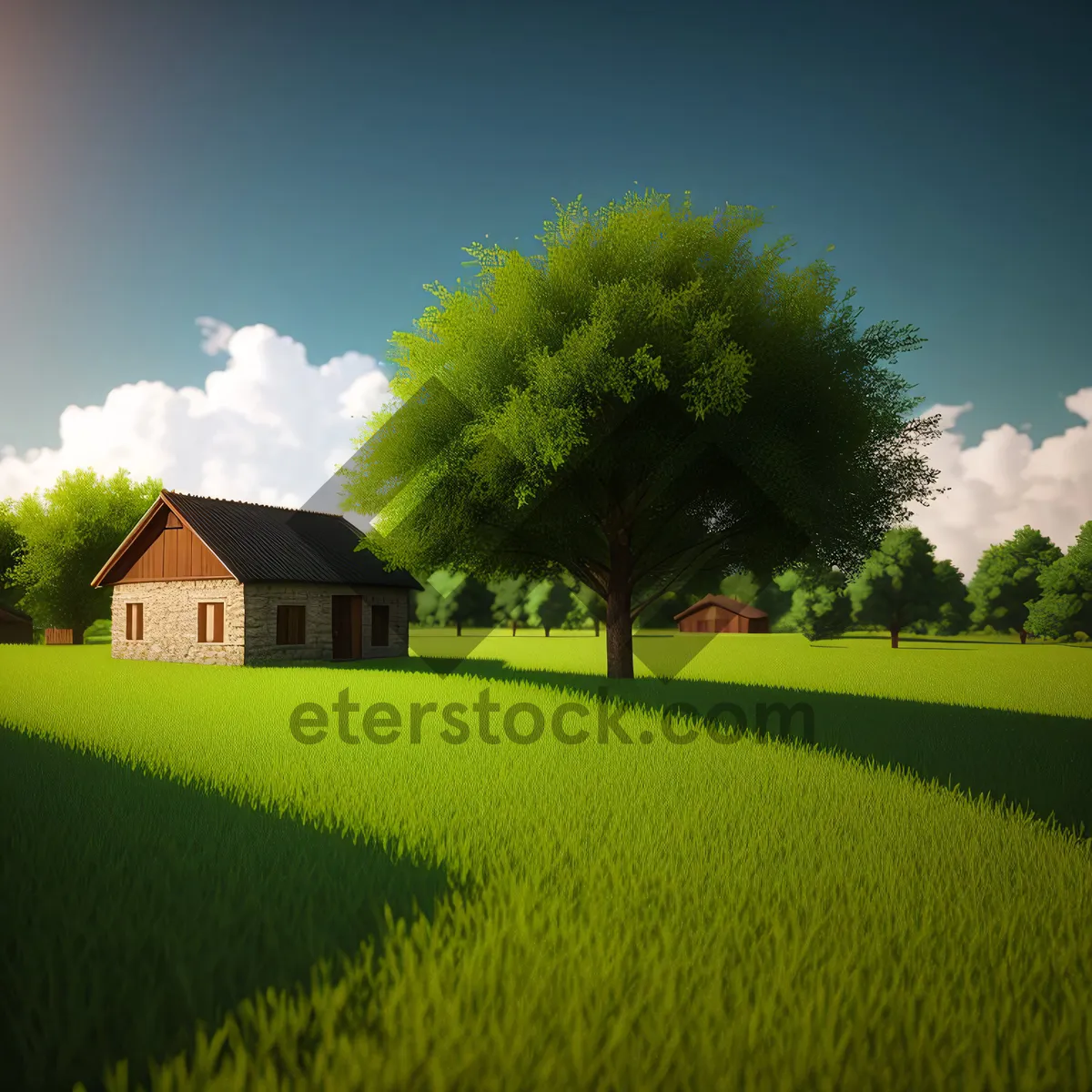 Picture of Idyllic countryside farm with rolling hills and sunny skies