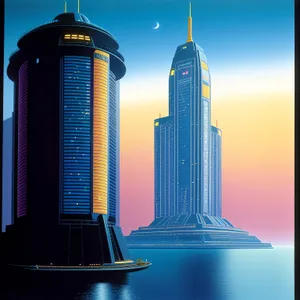 Modern city skyline with tall skyscrapers at night