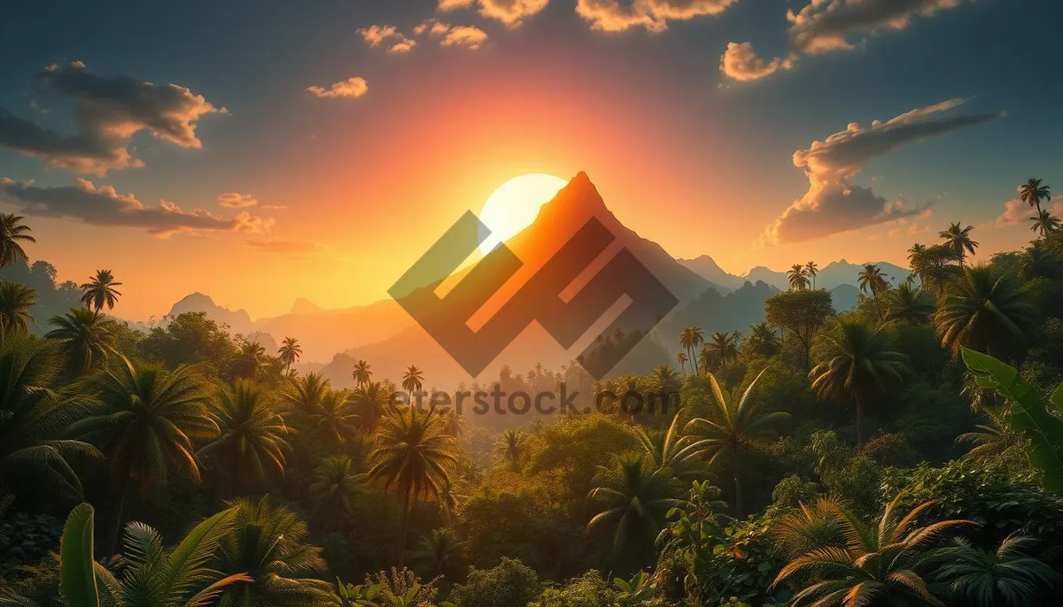 Picture of Orange sunset over tropical beach with palm tree silhouette
