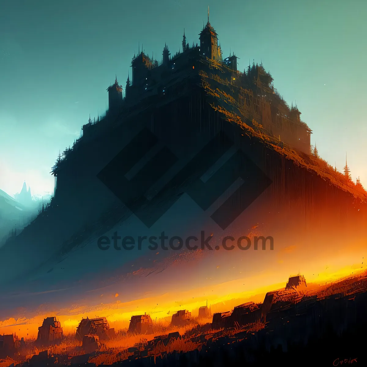 Picture of Majestic Mountain Castle overlooking Scenic Valley.