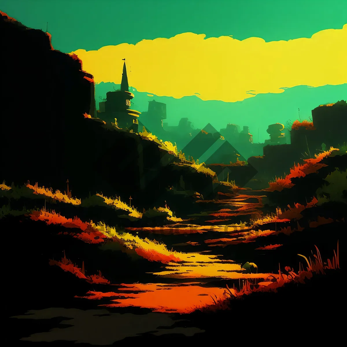 Picture of Sunset over desert canyon, orange sky