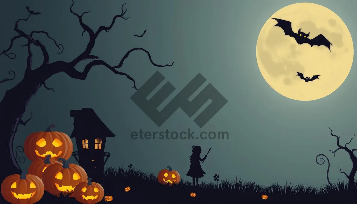 Picture of Silhouetted moon over spooky Halloween graveyard scene.