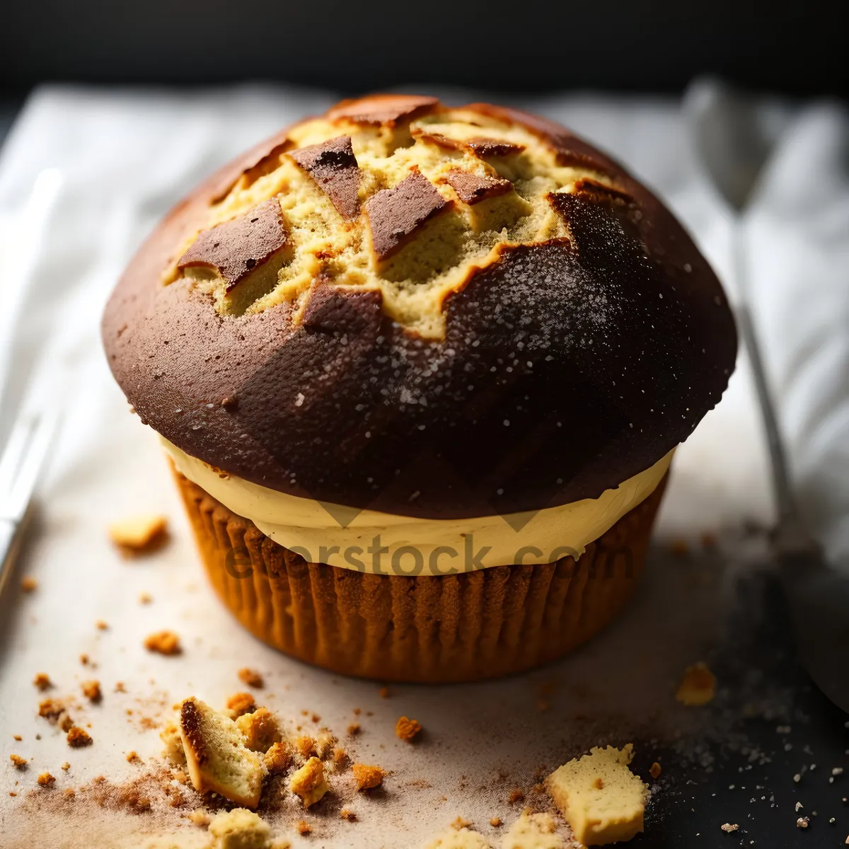 Picture of Delicious homemade chocolate cupcake with frosting and sauce