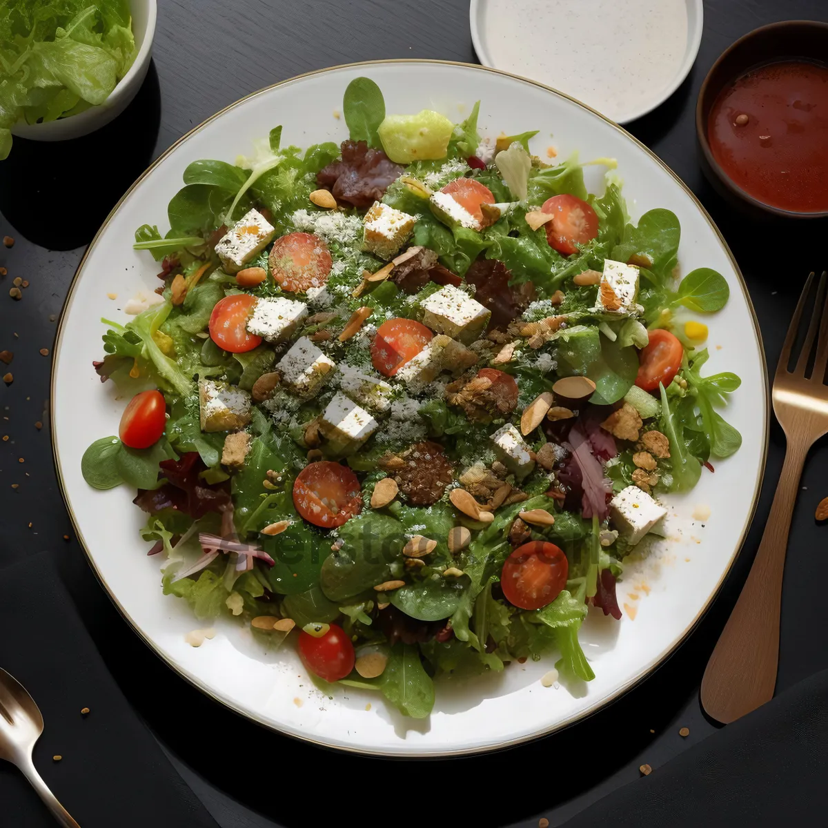 Picture of Fresh salad with vegetables and delicious sauce.