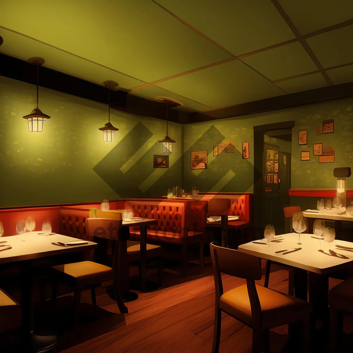 Picture of Modern restaurant interior design with luxury furniture and lighting.