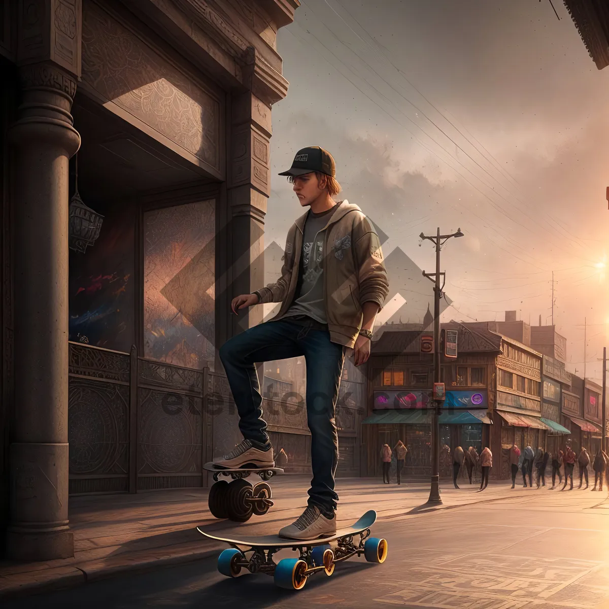 Picture of Skateboarder gliding on wheeled vehicle through urban streets.