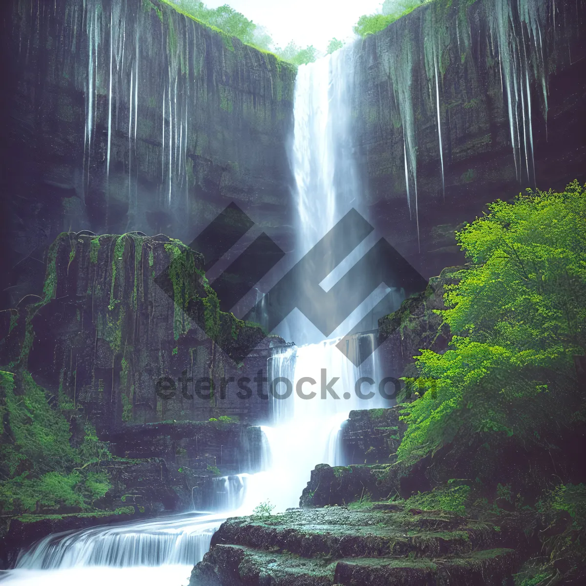 Picture of Serene Waterscape Amidst Lush Forest and Cascading Waterfall