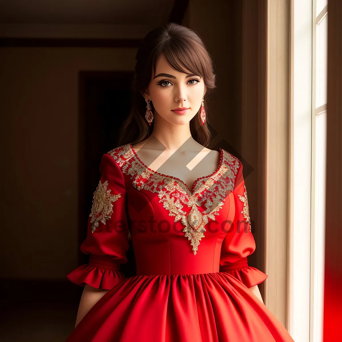 Picture of Fashionable Sensual Brunette Lady Posing in Gorgeous Dinner Dress