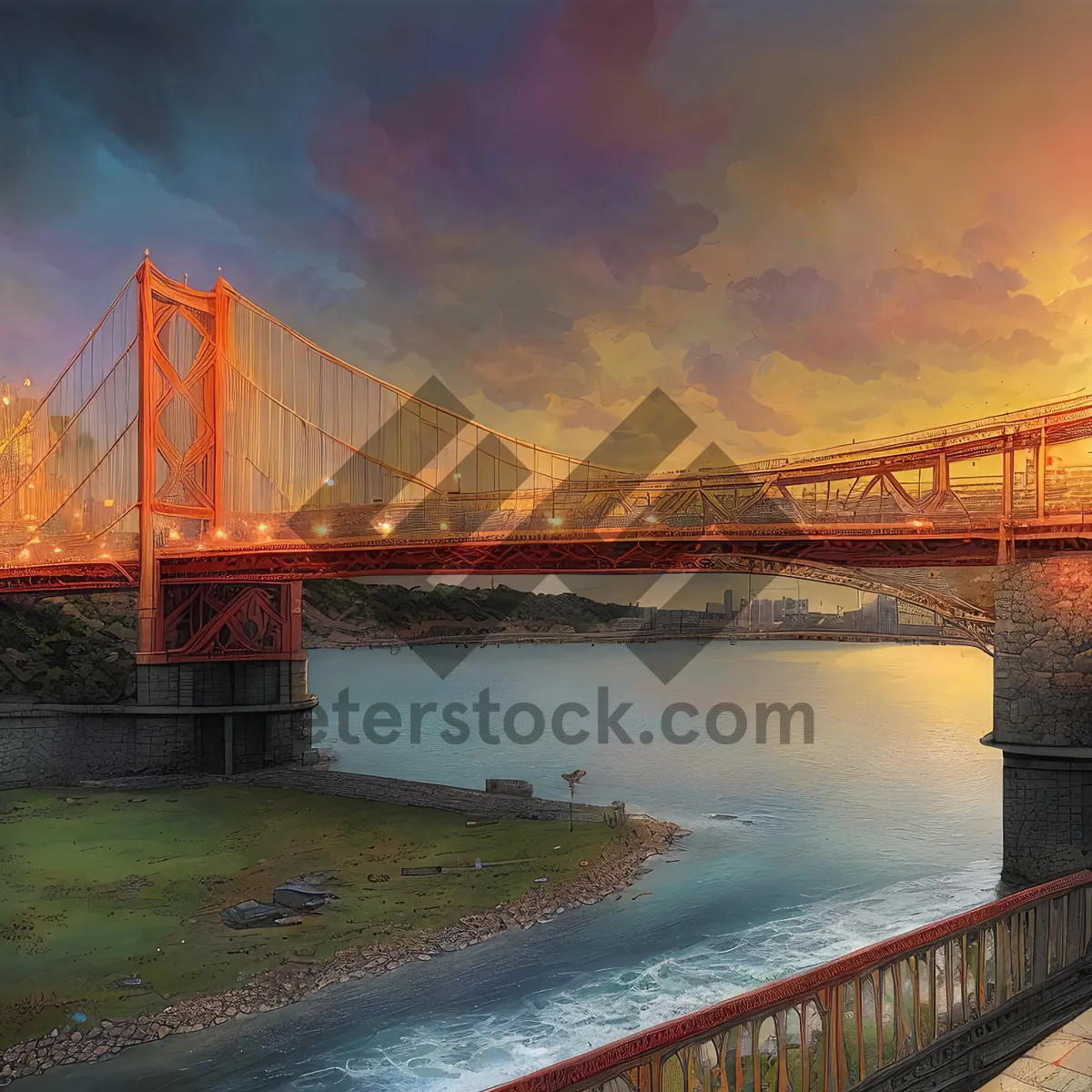 Picture of Golden Gate Bridge overlooking iconic city skyline during sunset