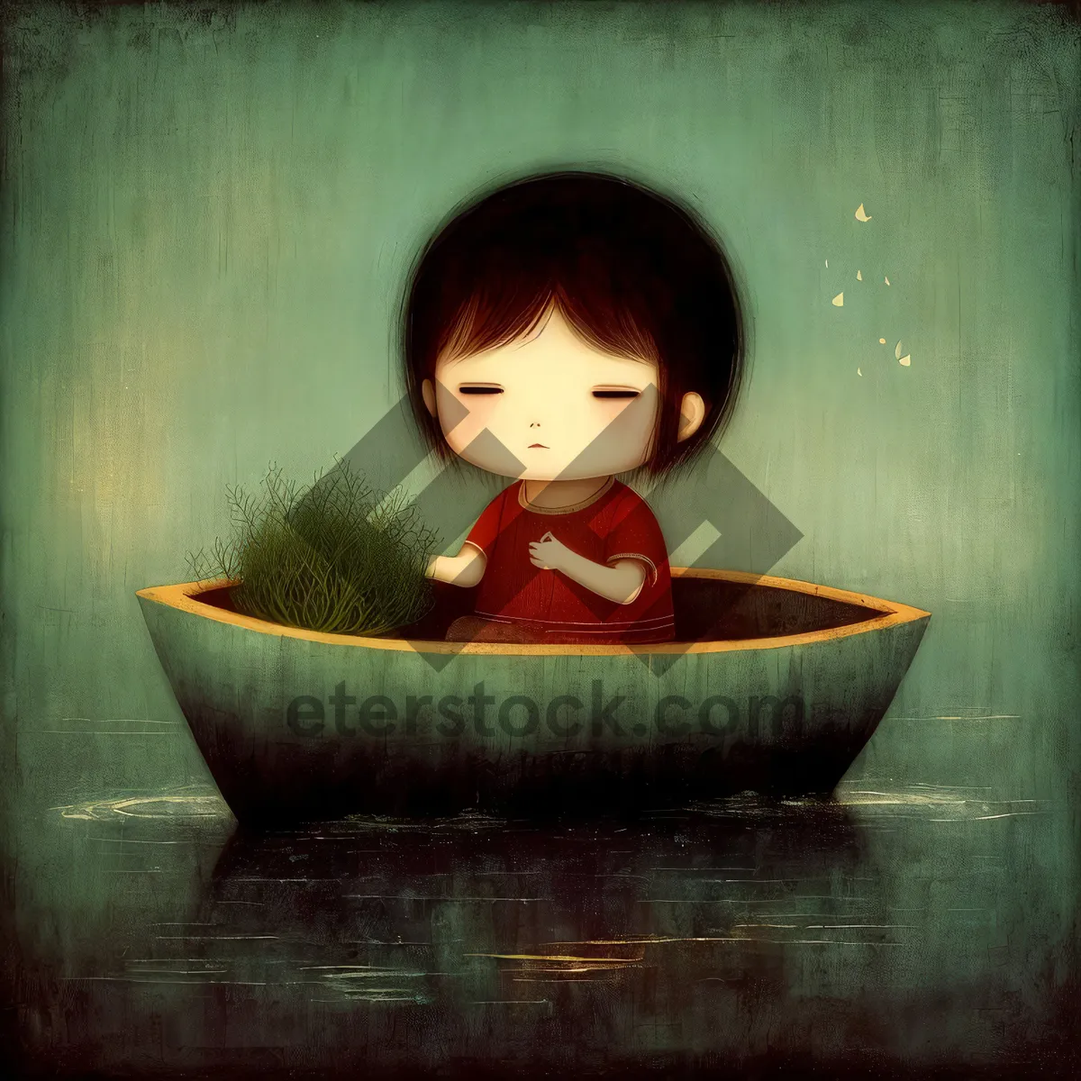 Picture of Happy Child Holding Cute Doll in a Bowl