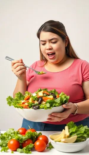 Happy person eating fresh vegetable salad at home