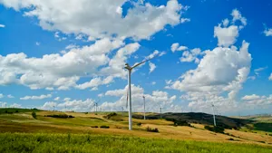 Sunny wind farm landscape with rural atmosphere